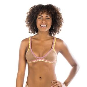 BROWN FAUX SUEDE CROCHET-TRIM BIKINI